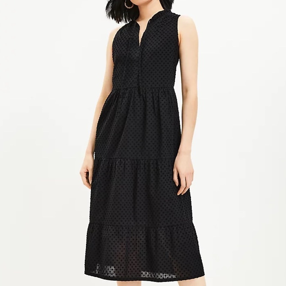 LOFT Women XXS Black Swiss Dot Sleeveless Tie Neck Tiered Midi Swing Dress - Picture 1 of 8